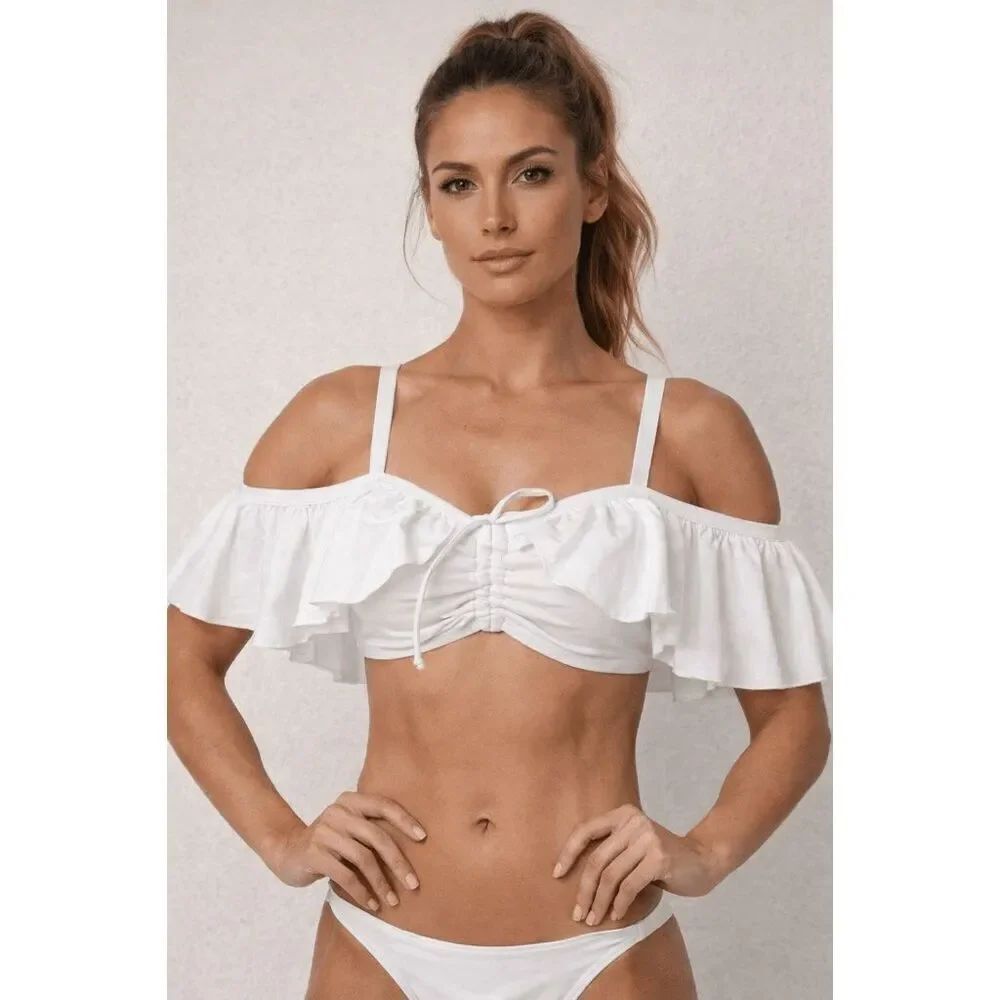 Unique Vintage White Off-Shoulder Ruffle Bikini Top Swimwear Swim Top MEDIUM